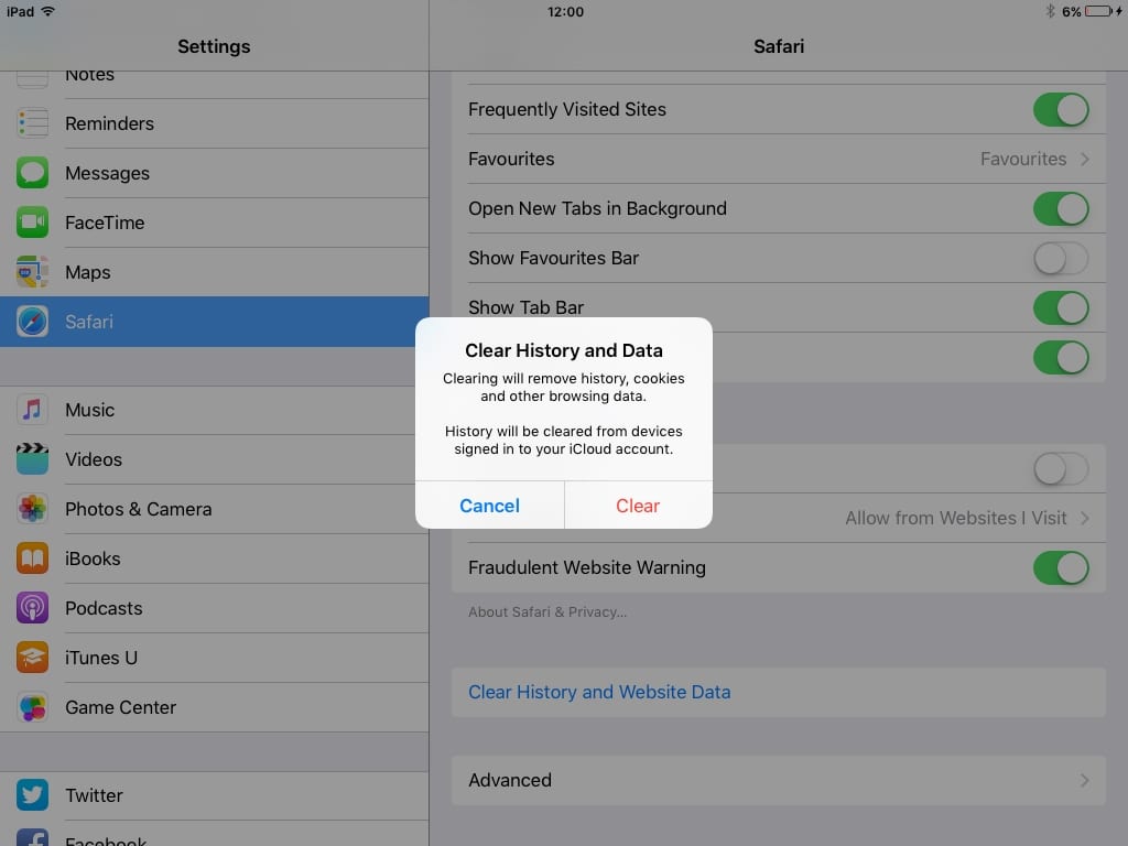 очистити кеш Safari на iPad